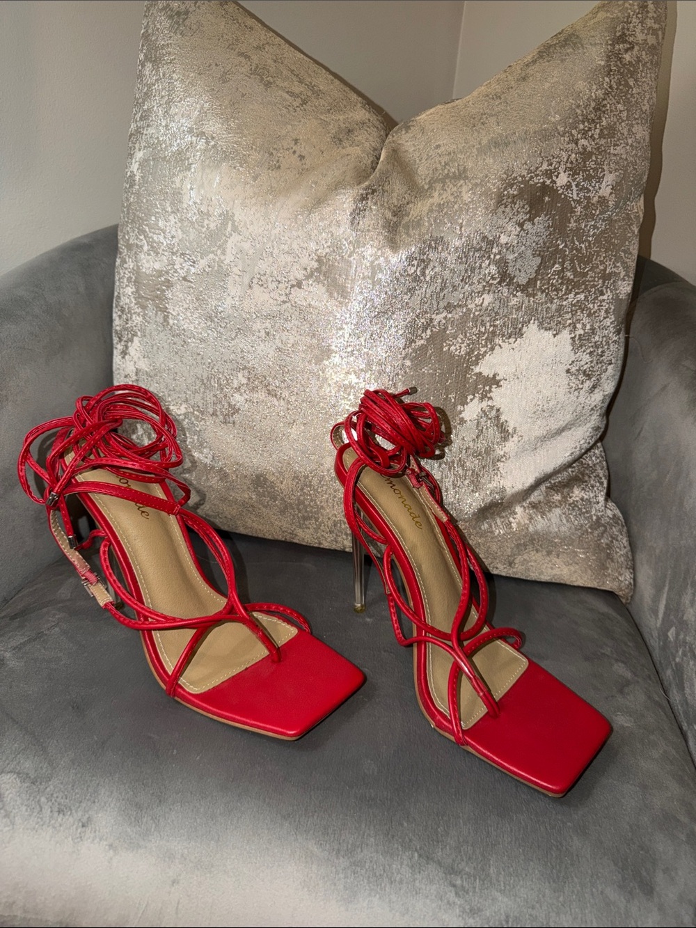 Red Strappy Lace-Up High Heel Sandals - Women